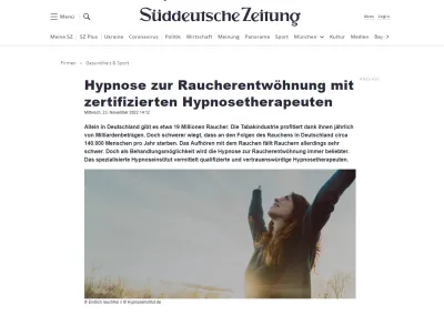 Süddeutsche Zeitung veröffentlicht Artikel über Raucherentwöhnung mit Hilfe von Hypnosetherapeuten