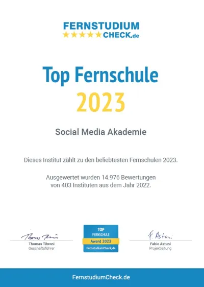 Auch 2023 TOP-Fernschule: Die Social Media Akademie von WEKA Media