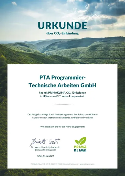 PTA IT-Beratung erhält Siegel "Klimaneutral durch Kompensation" von PRIMAKLIMA