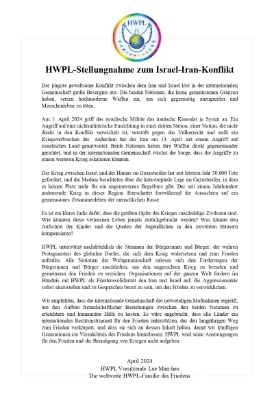 HWPL ruft inmitten zunehmender Spannungen zwischen Israel und Iran zum Frieden auf